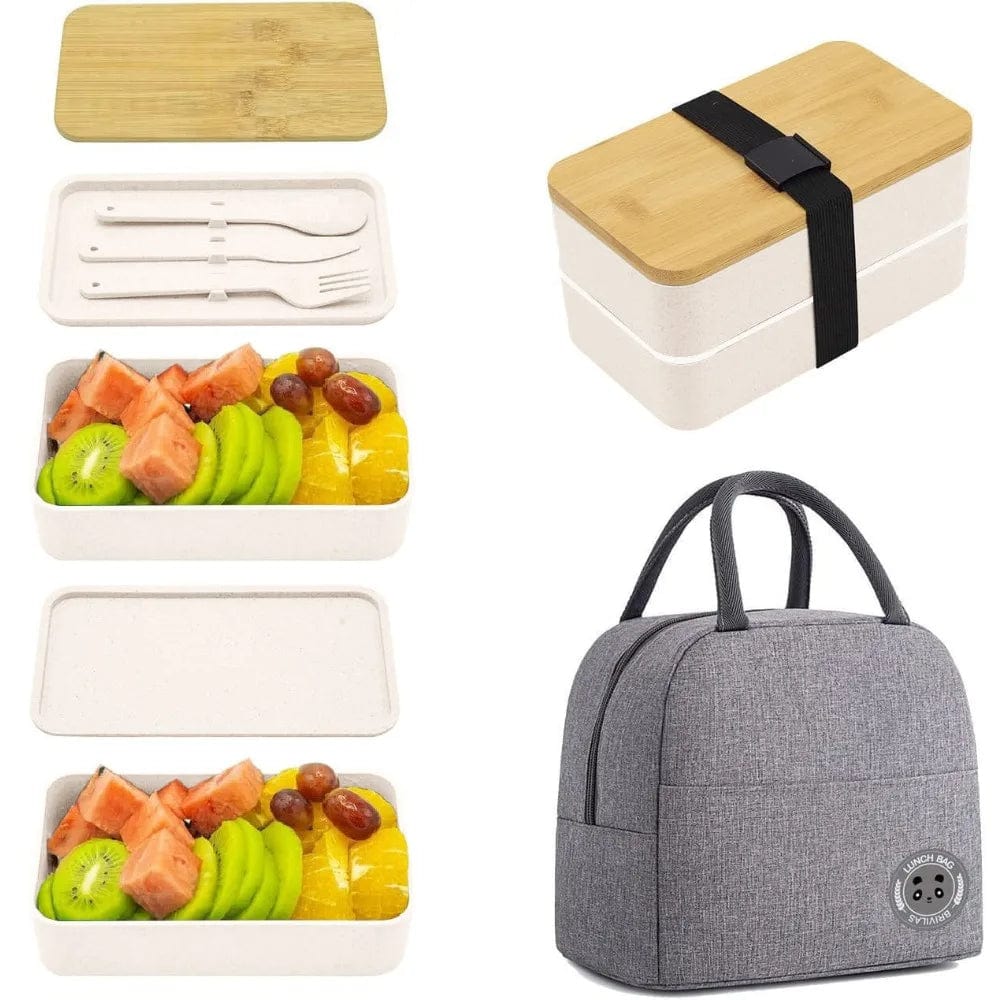 Caja bento japonesa apilable con tapa de bambú y bolsa de almuerzo